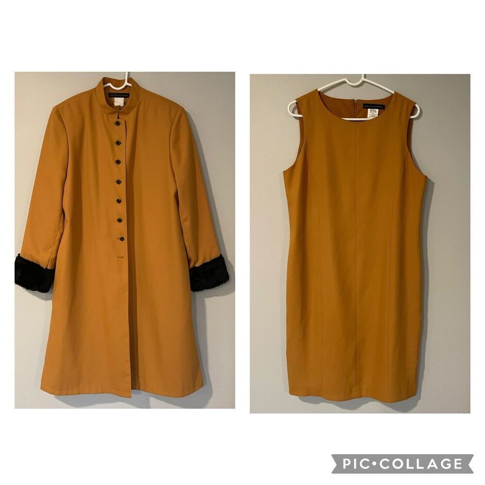 VTG Mustard Yellow 2 Piece Faux Fur Cuffed Long Coat Sheath Dress 12 Mobwife